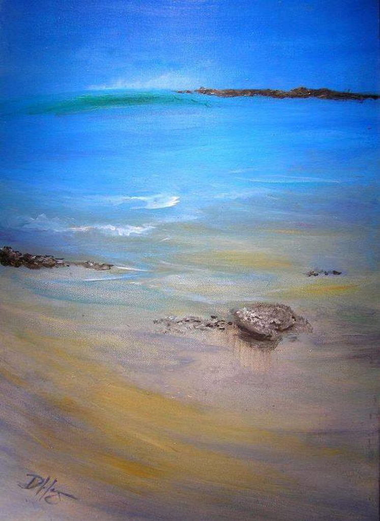 'Bay of Fires'. Contemporary acrylic seascape painting. featuring vivid blue sea lapping glistening rocks and sand. 